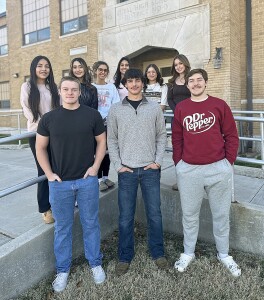 The Homecoming court from left to right in back are Freshman Attendant Ailyn Valles, Sophomore Attendant Citlali Tinoco, and Senior Queen Candidates Faith Beesley, Paola Hernandez and Elizandra Rodriguez and Junior Attendant Chaney Poulsen. In front are Senior King Candidates, Robert Williams, CJ Beard and Grant Niehues. Photo courtesy of Beth Settlemyer.