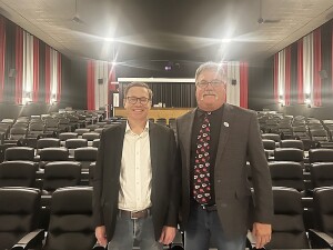 Lt. Governor David Toland takes a tour of the High Plains Theatre with Jan Leonard.  Lt. Governor Toland helped Hugoton in getting tax credits that made this all possible. He was very impressed in how everything turned out.  He thought the Theatre had very good ideas in how everything was done!!!