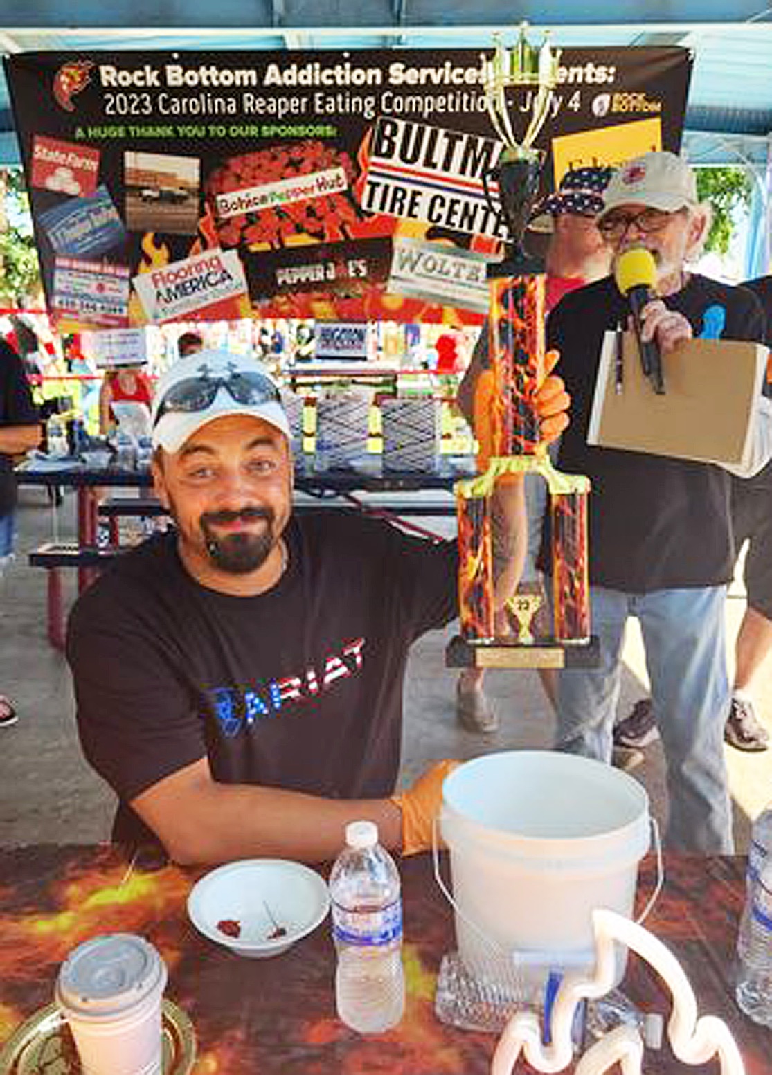 Emelio Ramirez is the first place winner in the Hot Pepper Eating Contest by Rock Bottom Addiction Services-Arick Miller at the Hugoton City Park July 4. Photo courtesy of Rock Bottom Addiction Services.