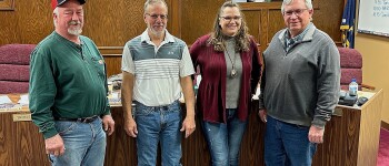 The Stevens County Employees that have ten years of service pictured left to right, Kyle 
Hittle, Pat Hall, Amy Jo Tharp and Tony Martin. Not pictured: 10 year: Bailey Esarey EMS/PT; 20 year: John Moser - EMS/PT and Duane Topliss - Sheriff Dept; and 30 year: Trina Young - Sheriff Dept.