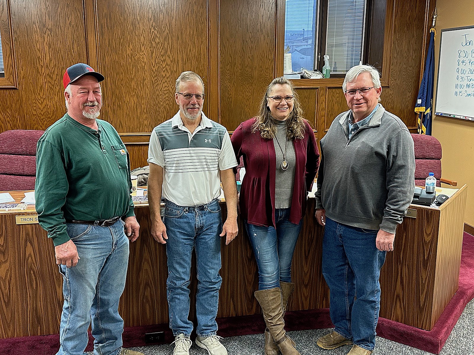 The Stevens County Employees that have ten years of service pictured left to right, Kyle 
Hittle, Pat Hall, Amy Jo Tharp and Tony Martin. Not pictured: 10 year: Bailey Esarey EMS/PT; 20 year: John Moser - EMS/PT and Duane Topliss - Sheriff Dept; and 30 year: Trina Young - Sheriff Dept.