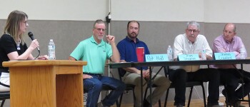 Pictured from the left are Monica Walker Facilitator and 
commissioner candidates, Pat Hall, Tron Stegman, Shannon Crawford and Walt Beesley. Meet the Candidates Forum 2024 took place Thursday, July 11 in the Memorial Hall in Hugoton.