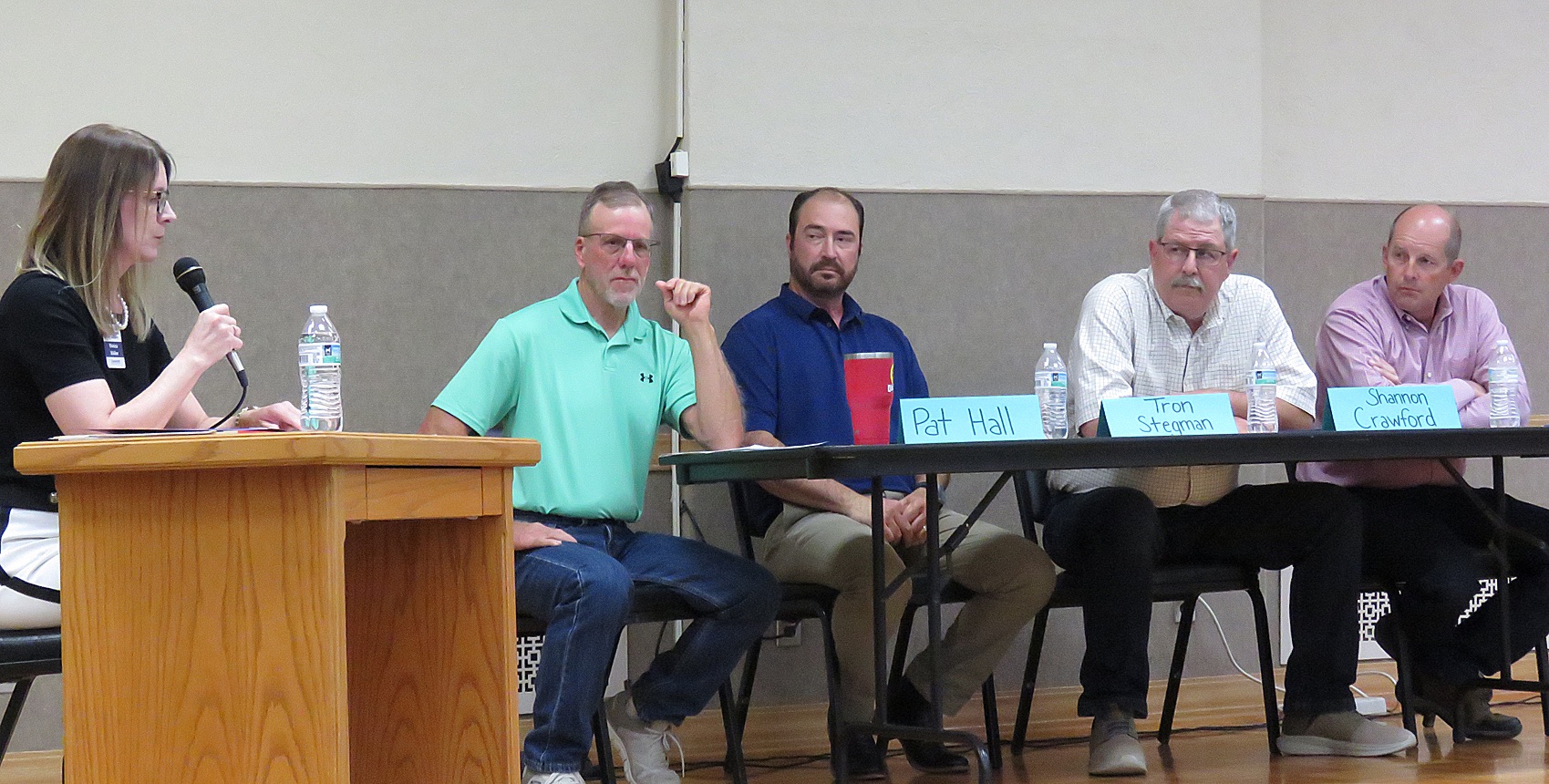 Pictured from the left are Monica Walker Facilitator and 
commissioner candidates, Pat Hall, Tron Stegman, Shannon Crawford and Walt Beesley. Meet the Candidates Forum 2024 took place Thursday, July 11 in the Memorial Hall in Hugoton.